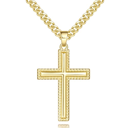 Mens Cross Necklaces 14K Gold Cross Necklace for Men Gold Crosses Chain Pendant Necklaces for Men Paired with Cuban Chain Trendy Finely Bead Carved Edge Dainty Mens Crosses Pendant Necklace 20/22/24in