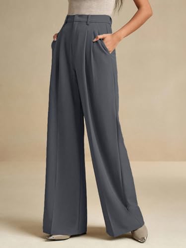 Image of KOTTY Women's High Waist Solid Color Hook and Bar Wide Leg Trousers Loose Comfort Trouser with Pockets