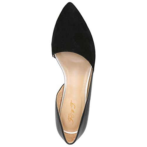 FOWT Vintage Suede Leather Patchwork Two-Toned Half D'Orsay Flats Chic Sexy Pointed Toe Slip on Low Heel Shoes Elegant Simple Office Black Ballet Flats for Women, US Size 4-16 M3