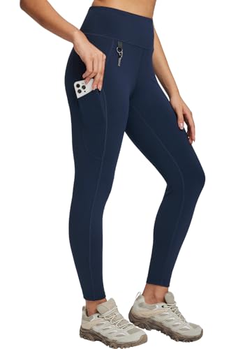 baleaf Leggings de Senderismo para Mujer con 3 Bolsillos, Pantalones de Gimnasio al Aire Libre, Cintura Alta Secado rápido Azul M