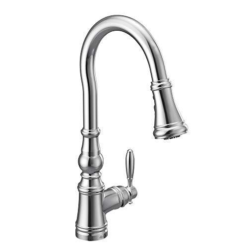 Moen S73004 Weymouth Shepherd's Hook Pulldown Kitchen Faucet Featuring Metal Wand with Power Boost, Chrome