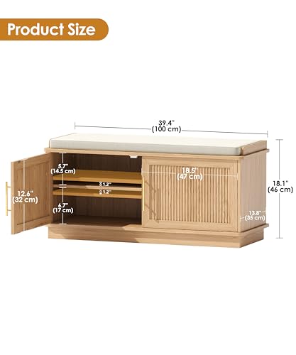 Akxomel Fluted Shoe Storage Bench with Cushion, 39.4" Entryway Bench with Adjustable Shelves and 2 Doors, Shoe Cabinet Bench with Curved Profile, for Hallway, Living Room, Bedroom, Natural Oak - Thumbnail 2