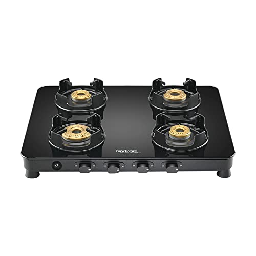Hindware ALVERIO 4 Burner Gas Stove with Glass Top, 8mm Thick Toughened Glass, Brass Burners, Scratch Resistant and Safe for Utensils (Black, Manual Ignition)