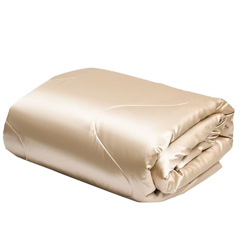 YASMENG Satin Bettdecke 220x240 Beige Sommerdecke 200 GSM Seidige Seide Leicht Weich Glatt Glänzend Deluxe Steppdecke für Sommer Mit 2 Kissenbezüge...