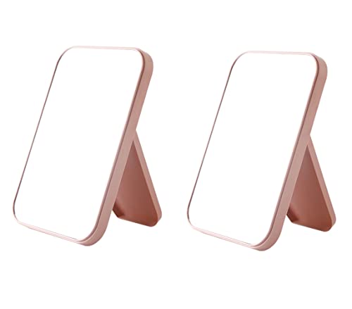 Image of Hand Mirror | Glass Rectangle Cosmetic Standing Mirror for Makeup, Portable for Travel, Camping, Home (Pink - Pack of 2, Rectangular, Floor Mount, Framed)