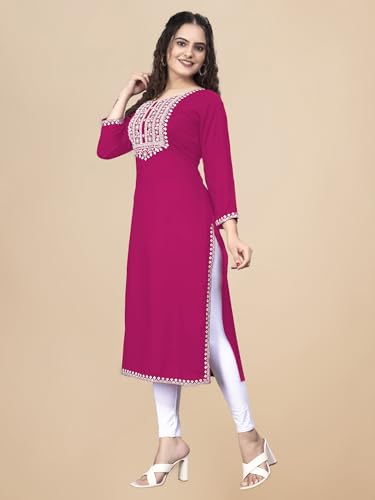 Image of Women Rayon Embroidered Kurti Three Quarter Sleeve Kurta for Women and Girls Embroidery Work Soft Rayon Fabric Comfortable