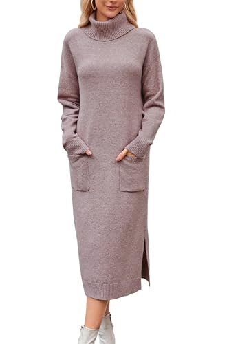 Arach&Cloz Strickkleid Damen Lang Wool Blend Winterkleid Rollkragen Pulloverkleid mit Tasche Lose Herbst Winter Kleid Purple,XL