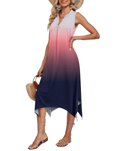 Image of AUSELILY Womens Summer Midi Dress V Neck Sleeveless Casual with Pockets | Flowy womens summer dress with asymmetrical hem, great for beach, vacation and daily wear