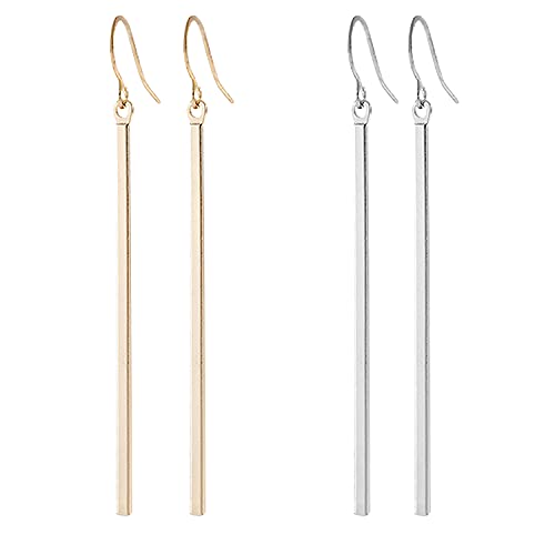 2 Pairs Minimalist Vertical Long Bar Earrings Gold Silver Plated Drop Line Dangle Geometric Jewelry for Women Set