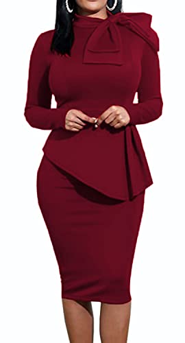 Image of Women's Fashion Peplum Bodycon Dresses Short Sleeve Bow Club Ruffle Pencil Party Dress