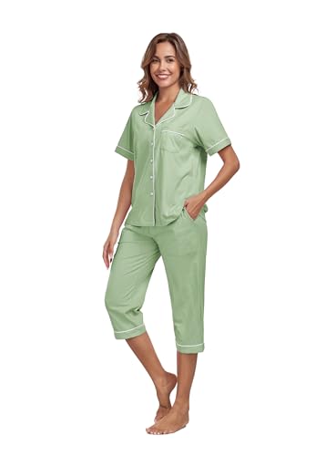 Image of COLORFULLEAF 100% Cotton Capri Pajama for Women Set Summer Short Sleeve Pj Sets for Women Cotton Sleepwear