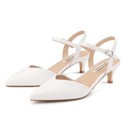 Image of JOY IN LOVE Women's Pointed Toe Kitten Heel Pumps, Ankle Strap Low Heel Work Dress Shoes