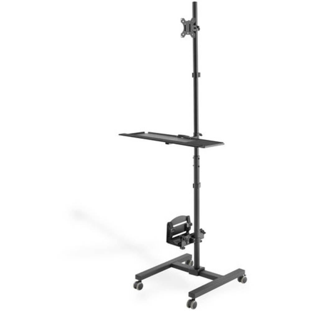 DIGITUS Poste de Travail Debout Mobile - Support pour écran & Plateau pour Clavier & Support pour PC - Réglage Flexible de la Hauteur - 1 écran - jusqu'à 32 Pouces - VESA 75x75, 100x100 - Noir | Support pour écran jusqu'à 32 Pouces, Plateau pour Clavier,