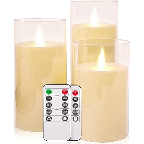 Salipt LED Flickering Flameless Candles, Battery Operated Candles, Remote Control, Timer, 3 Inch Diameter Candle Set of 3, H 4" 5" 6" - Clear Glass Cover