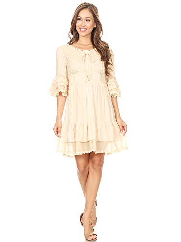 Anna-Kaci Womens Boho Peasant Floral Lace Ruffle Hem Bell Sleeve Mini Dress, Beige, Large #TOP3