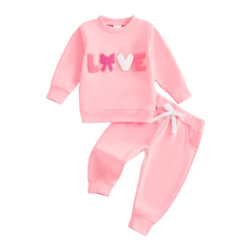Toddler Girl Mothers Day Outfit Letter Embroidery Sweatshirt Sweatpants Set Infant Sweatsuit Newborn Spring Clothes (Pink, 12-18 Months)