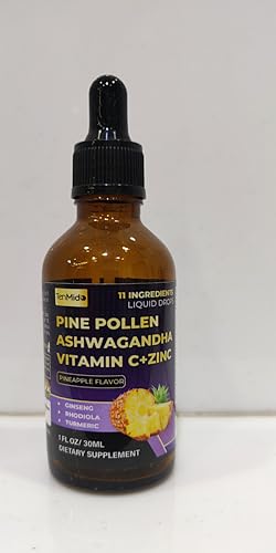 Tenmido Pine Pollen Tincture - 11in1 with Ashwagandha, Panax Ginseng, Rhodiola Rosea, Turmeric Curcumin, Ginkgo Biloba, Holy Basil, Ginger, Black Pepper & More - 30ml 1Fl Oz