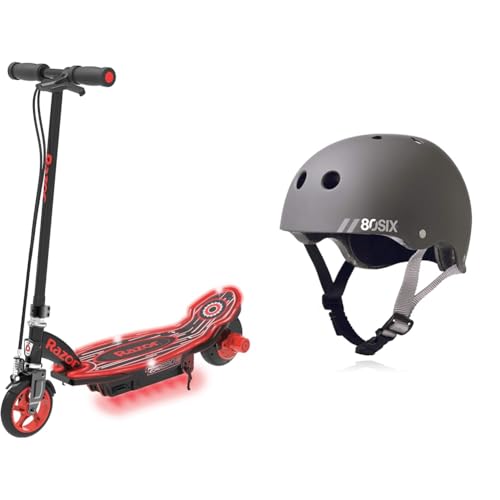 Razor Power Core E90 Electric Scooter with hub Motor Push-Button Throttle, for Kids 8+ & 80Six Dual Certified Kids Bike, Scooter, and Skateboard Helmet, Grey Matte, Small-Medium - Ages 8+