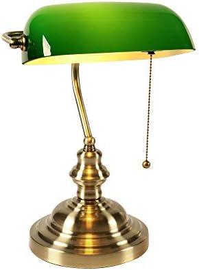 Glass Bankers Desk Lamp with Pull Chain Switch Plug in Fixture (Green)