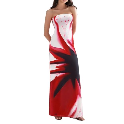 Image of Women Floral Strapless Maxi Dress Y2K Bodycon Tube Long Dresses Sexy Party Formal Cocktail Beach Slit Dress