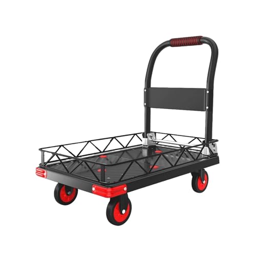 Carro de plataforma plegable de 200 kg con ruedas, carretilla de mano industrial con barandillas anticaídas, ideal para garajes, almacenes, jardines, tamaño 73 x 49 cm, color negro