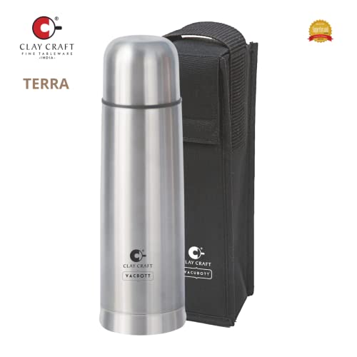 Image of Clay Craft Vacbott Vaccum Bottle, Terra 1000 ml Double Walled 24 Hours Hot and Cold Water Bottle with Bag, 1 L, Silver