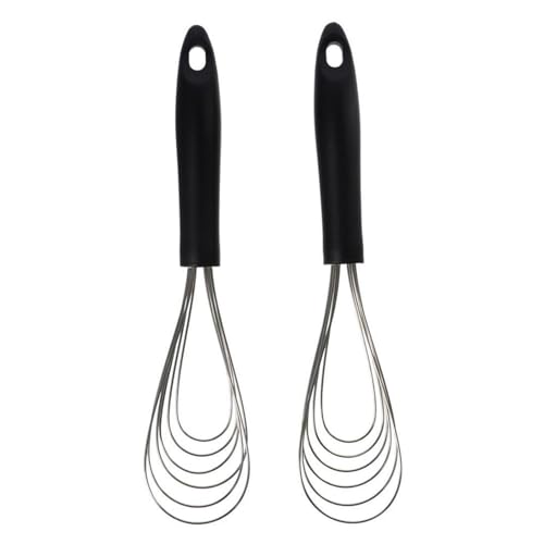 hobbyme 2 Pcs Stainless Steel Flat Whisk, Multi-purpose Rubber Handle Sector Shape Non Slip Ergonomic Design for Kitchen, Restaurant, Cooking, Stirring Gravy, Eggs(Black)