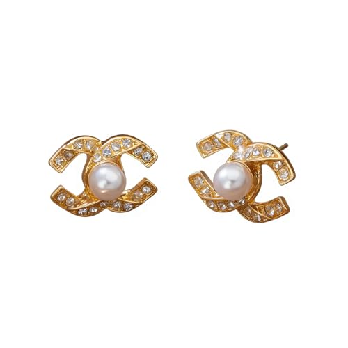 IvoryHaid Golden Pearl Stud Earrings for Women Cubic Zirconia Paved Designer Style Earrings with faux Pearl Elegant Luxury Fashion Jewelry idea for Women