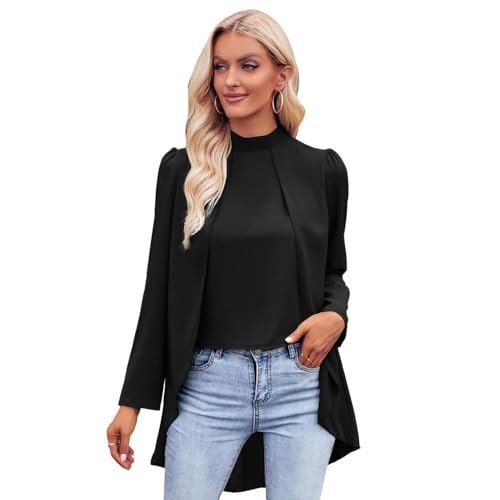 BKEPDY Blusas de Mujer Elegantes, Camisa de Manga Larga con Cuello Redondo para Mujer Top Casual de Trabajo para Primavera Verano y Otoño Liso Top Fiesta Empresa Casual (Negro S)