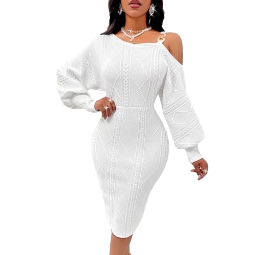 Gediffwer Damen Mode Schulterfrei Langarm Bodycon Bleistiftkleid Sexy Cocktail Hochzeit Gäste Kleider, beige, M