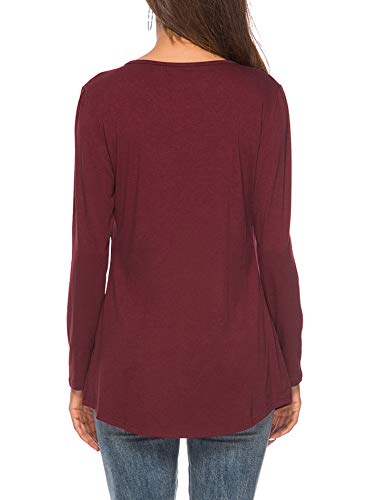 Yidarton Women's Scoop Neck Pleated Blouse Solid Color Short Sleeve Tunic Tops T Shirts (Y-Wine red, Medium) - Thumbnail 2