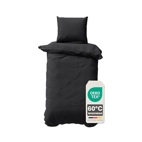 Müskaan Renforcé Bettwäsche 135x200 cm Baumwolle, Schwarz – Bettbezug Set 2 teilig mit Kissenbezug 80x80, 100% Baumwolle Atmungsaktiv, Deckenbezug mit Reißverschluss, Bettwäsche Allergiker geeignet