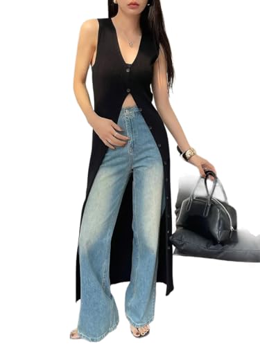 Women's Stretchy V-Neck Sleeveless Cardigan - Slim Fit Solid Knit Vest, Seasonless Long Duster for Layering3