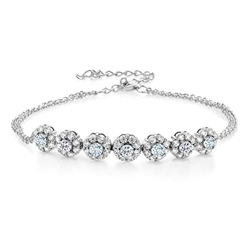 Gem Stone King 925 Sterling Silver Sky Blue Aquamarine and White Topaz Women Tennis Bracelet (1.33 Cttw, Gemstone Birthstone, Round Cut 7 Inch with 2 Inch Extender)