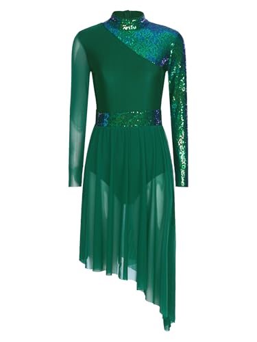 Mufeng Damen Ballettkleid Glänzend Pailletten Eiskunstlauf Kleid Langarm Rollschuhkleid mit Asymmetrisch Rock Lyrisch Tanzkleid Grün M