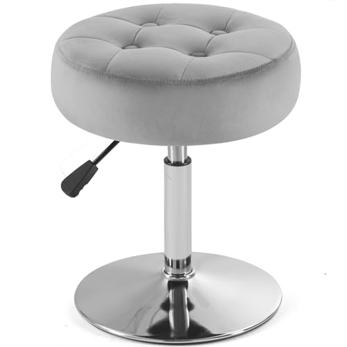 Gitrah Gray Vanity Chair for Makeup Room Vanity Stool for Makeup Room Round Velvet Tufted Makeup Chair Vanity Stools for Bathroom Height Adjustable 360 Swivel