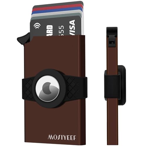 MOSIYEEF Pop Up Wallet with Holder for AirTag - Stealth Wallet RFID Blocking Metal Slim Card Case Holds 15 Cards and Notes (Brown)