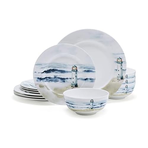 Mikasa Seaside Coastal Bone China Lightweight Chip Resistant 12 Piece Dinnerware Set, Service for 4