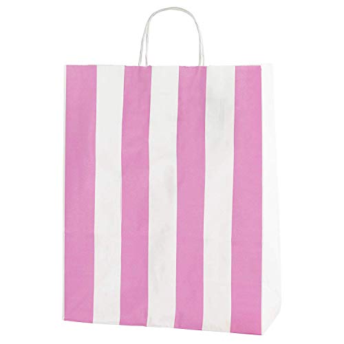 Thepaperbagstore 30 Papiertragetaschen, Recycelbar Und Wiederverwendbar, Mit Gedrehten Griffen, Rosa/Weißen Streifen – Mittelgroß 250x110x310mm