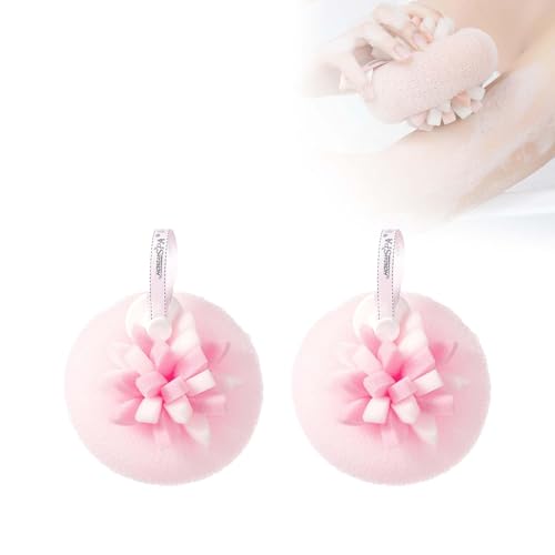 Bola de baño de girasol súper suave, esponja de baño 2 en 1 con ventosas con anillos de dedo, cepillo de limpieza exfoliante para mujeres y hombres (2 unidades, rosa intenso)