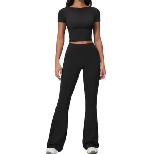 XYFfybhsd Conjunto de chándal 2 Piezas Transpirable para Mujer Top Corto con Cuello Halter + Pantalones Acampanados, Ropa Casual de Entrenamiento(Size:M,Color:Negro)