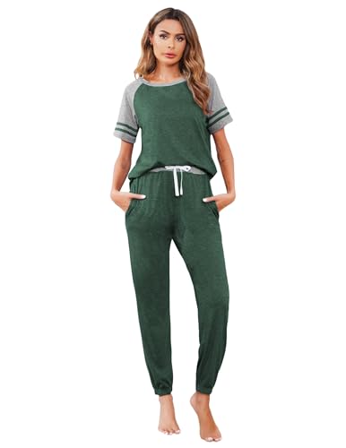 Image of Ekouaer Lounge Sets for Women Two Piece Pajama Set Short Sleeve Crewneck Jogger Outfits and Sweatpants Tracksuit