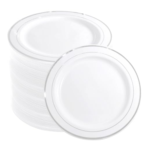 WELLIFE 144 Pieces Silver Plastic Dessert Plates, 7.5 inch Disposable Salad Plates, Premium White Appetizer Plates with Silver Rim, Ideal for Party, Wedding WELLIFE 144 Pieces Silver Plastic Dessert Plates, 7.5 inch Disposable Salad Plates, Premium White Appetizer Plates with Silver Rim, Ideal for Party, Wedding