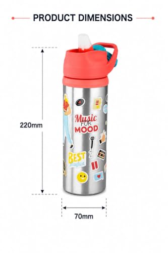 Image of Stainless Steel 600ML Sipper Water Bottle for Kids & Adults | Leakproof BPA-Free Gym Bottle with Flip Lid & Carry Handle | Music Print Design (Pack of 1, Orange)