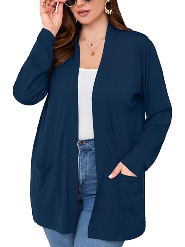 Image of AusLook Plus Size Lightweight Cardigans for Women Open Front Pockets Jacket | 1X-5X,Soft Stretch,Long Sleeve,Longline Coverage,Dress Jeans Layer,Work Travel Style,Spring Fall Wear