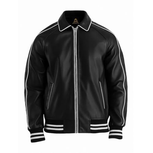 Men's Bomber Classic Black Genuine Leather Sports Jacket with White Stripe Turn Down Collar Casual Biker Streetwear