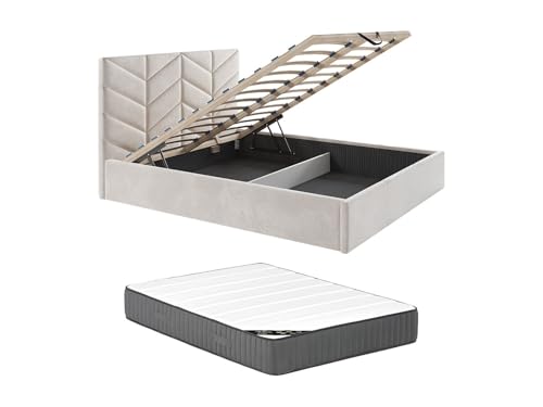 Vente-unique - Cama con canapé abatible 2 plazas Justani - poliéster - Crema