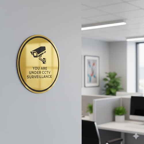 Image of Premium Burshed Golden Black 6 inch CCTV Acrylic Sign Board For Glass Doors For Office, Stores, Cafe, Hotel, Restaurant, Business & Shop, Self-Adhesive