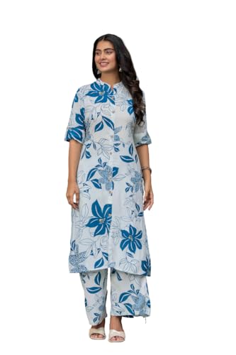 Image of Women's Floral Print Rayon Kurta Palazzo, Round Neck Half Sleeve, Regular Fit, Ethnic Casual Wear