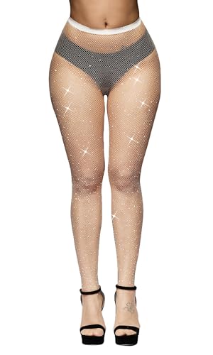 HeyUU Sparkle Rhinestone Fishnets Sexy High Waist Tights Party Glitter Rhinestone Mesh Stockings